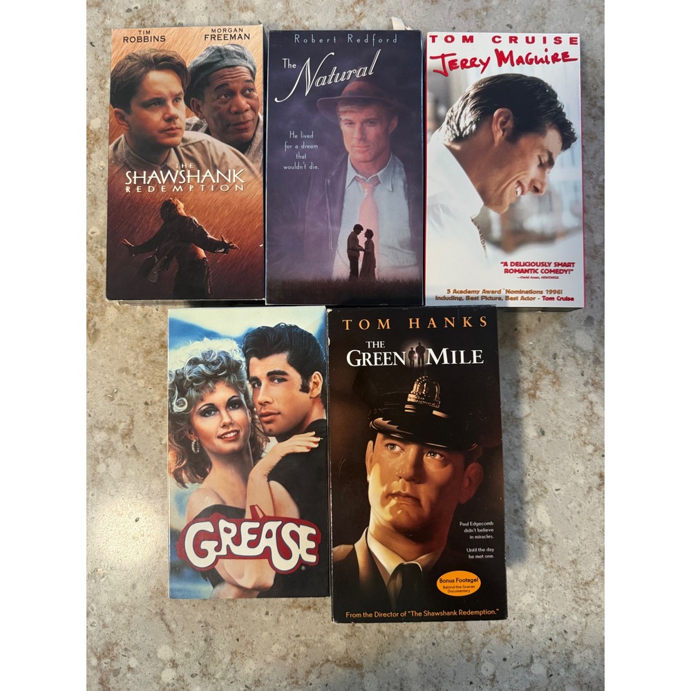 VHS Movie Lot 5 Tapes Shawshank Redemption Green Mile Grease Jerry Maguire Natur